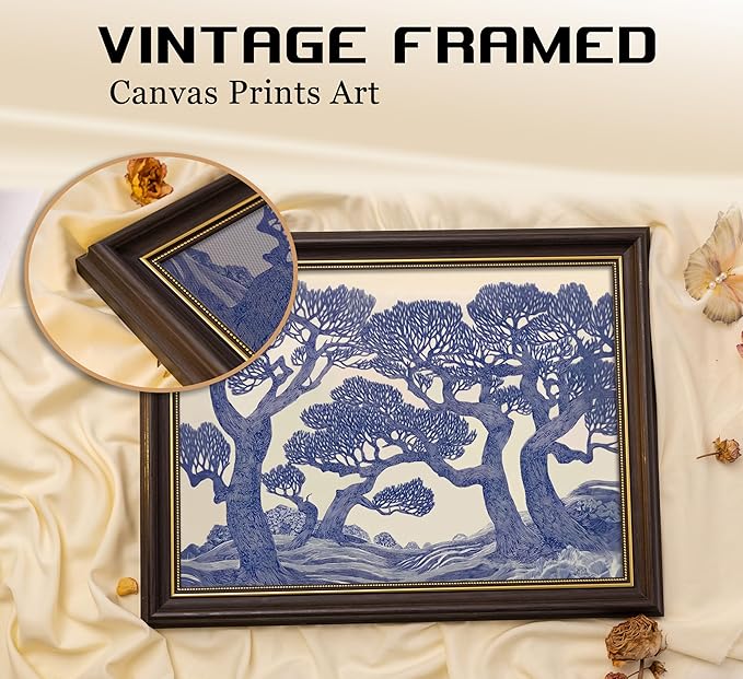 Vintage Gold Framed Wall Art Oak Tree Forest Painting Canvas Prints Blue Woodland Nature Landscape Picture Moody Botanical Poster Artwork for Living Room Bedroom, 12x16in