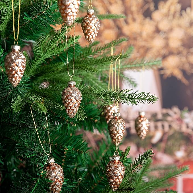 Watayo 12 Pcs Christmas Pinecone Glass Ornaments, Fall Hanging Pine Cone Painted Glass Ornaments, Glitter Pinecone Christmas Ornament for Xmas Tree DIY Crafts Fall Thanksgiving Day Decoration