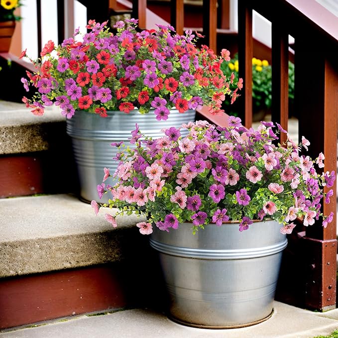 Artificial Fake Plants Flowers for Outdoor Spring Decor, 12 Bundles Faux Silk Mums for Planter Pot Colorful UV Resistant Look Real for Front Door Porch Patio Outside Yard(Purple Pink)