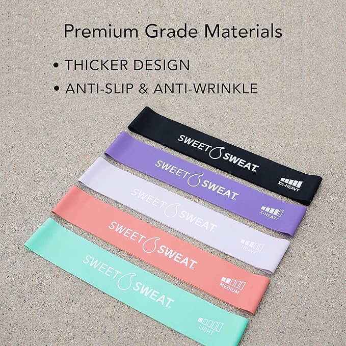 Sweet Sweat Mini Loop Resistance Bands - Set of 5 | Exercise Hip Booty Bands for Squats, Lunges, Physical Therapy, Yoga, Pilates, Rehab & Home or Gym Workouts
