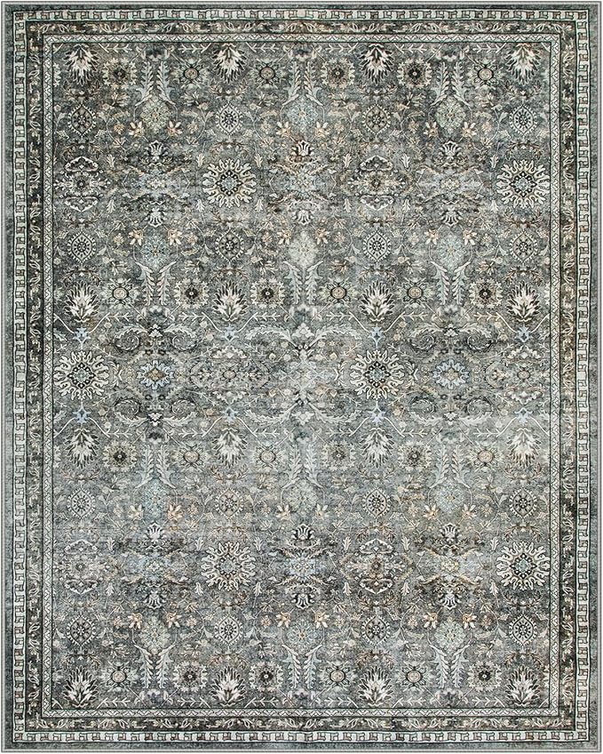 Lahome Black Floral Living Room Rug 8x10, Washable Charcoal Area Rugs for Bedroom, Soft Pet Friendly Stain Resistant Floor Carpets for Dining Room Decor