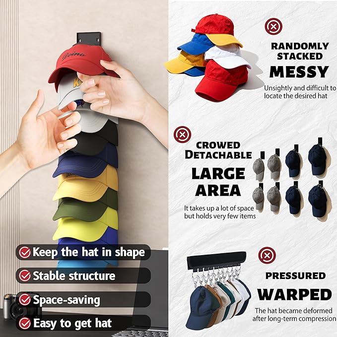 Hat Organizer Hold up to 10 Hats, Hat Rack for Wall with Strong Adhesive, Hat Organizer for Baseball Caps Display for Door Closet, Hat Hanger Holder Storage Multilayer Two Mounting Option(Black)