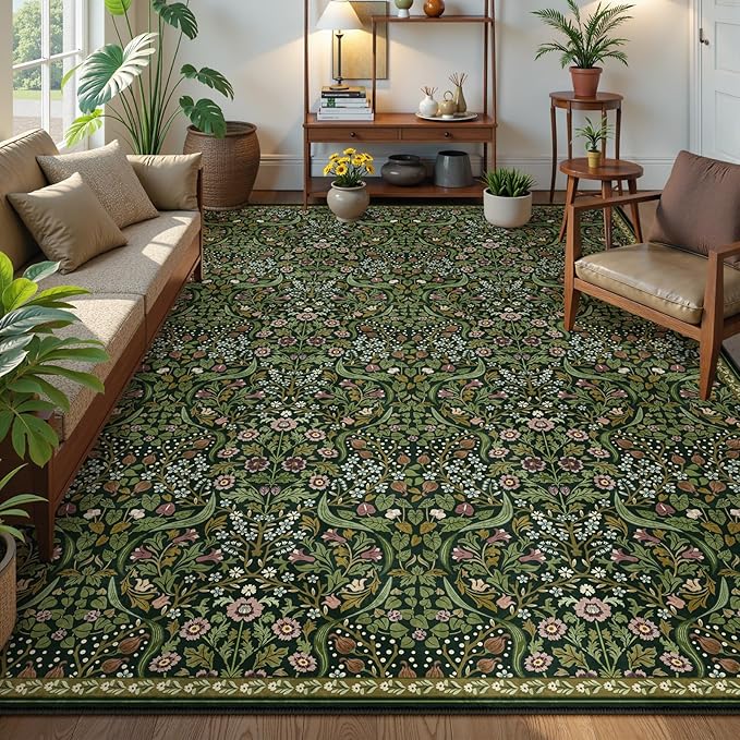 Moynesa Floral 10x14 Area Rugs for Living Room, Green Extra Large Rug for Bedroom Boho Washable Dining Room Rug, Non Slip Ultra Thin Soft Floor Carpet for Home Office Farmhouse, Green