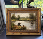 Vintage Gold Framed Wall Art Boy Fishing Country Oil Painting Canvas Prints Peaceful Lake Landscape with Dog Picture Rustic Farmhouse Poster Artwork for Nursery Living Room Bedroom, 16x24in