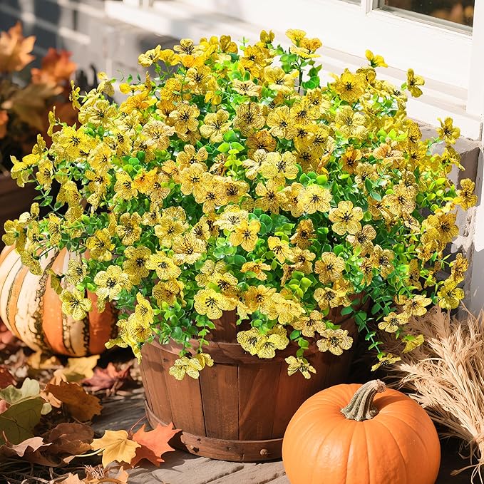 Artificial Flowers for Outdoors Daisy 12 Bundles for Home Decoration, Faux Flower Fake Plants Outside Decoration with Eucalyptus UV Resistant for Planter Porch Patio Yard Garden Yellow