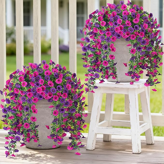 Artificial Hanging Petunias Flowers for Outdoor, 4pcs Fake Plants Long Vine Morning Glory Eucalyptus, UV Resistant Realistic Faux Greenery Indoor Outside Patio Porch Garden Spring Summer Decor, Purple