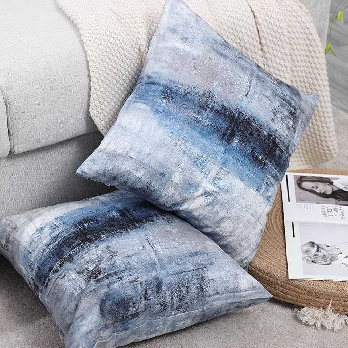 Blue and Grey Abstract Art Artwork Pillow Cover, Gallery Modern Decorative Throw Pillows Cushion Cover for Bedroom Sofa Living Room 18 x 18 Inch Set of 2