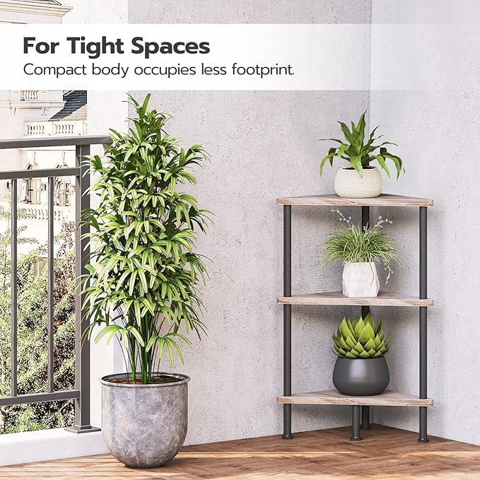 HOOBRO Corner Shelf Stand, Industrial 3-Tier Wall Corner Bookshelf with Metal Frame, Plant Display Shelf, Bookcase for Small Spaces, Living Room, Greige and Black BG30CJ01