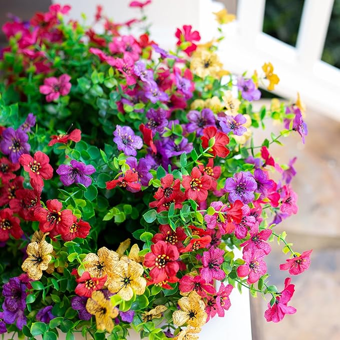 Artificial Flowers for Outdoors Daisy 12 Bundles for Home Decoration, Faux Flower Fake Plants Outside Decoration with Eucalyptus UV Resistant for Planter Porch Patio Yard Garden Colorful