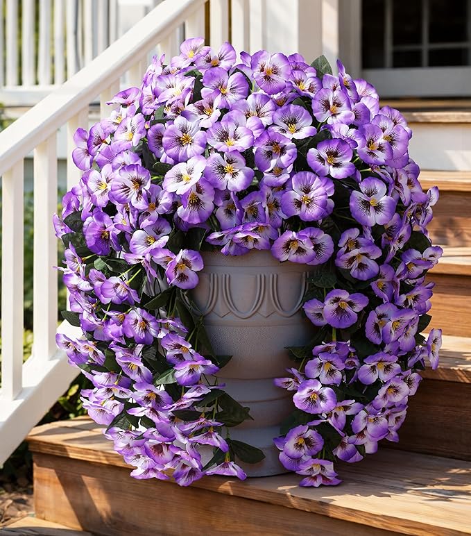 HyeFlora Artificial Flowers for Outdoors 2pcs Faux Silk Pansy Vines Lush UV Resistant Fake Hanging Flower Plants for Outside Porch Yard Patio Window Box (Light Purple)