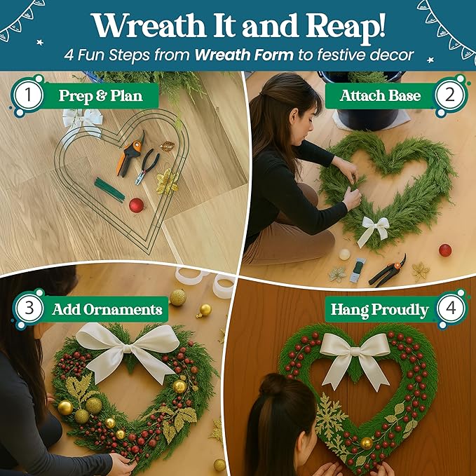2-Pack 14 Inch Wire Wreath Frame – Heart Metal Wreath Form with Heart Design for DIY Crafts, Floral Projects, and Home Decor – Dark Green Wire Frame for Christmas Holiday & Weddings