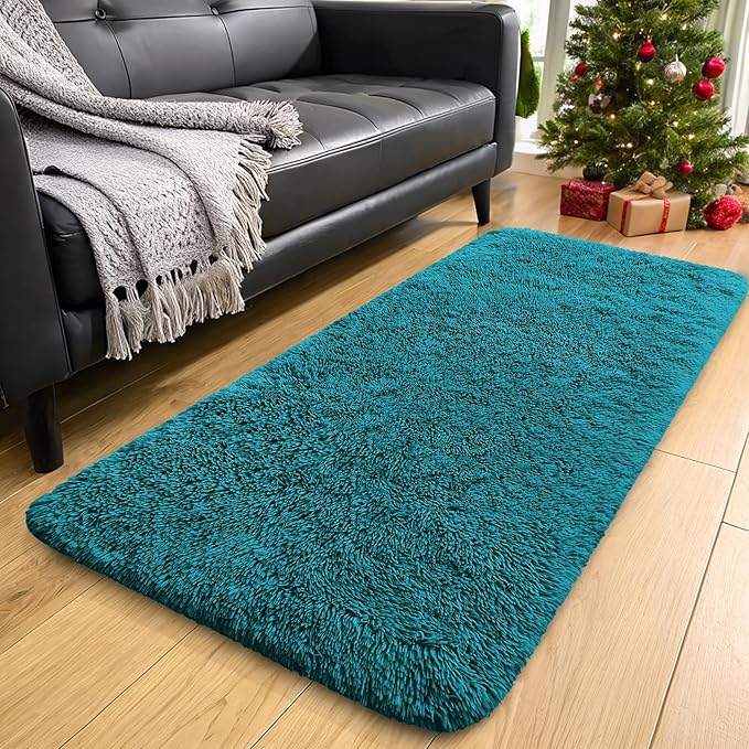 OLANLY 2x8 Machine Washable Runner Rugs for Hallway, Soft Fluffy Shaggy Bedside Rugs for Bedroom, Living Room, Indoor Floor Carpet for Kids Girls and Boys, Nursery Rooms, Home Decor Aesthetic, Teal