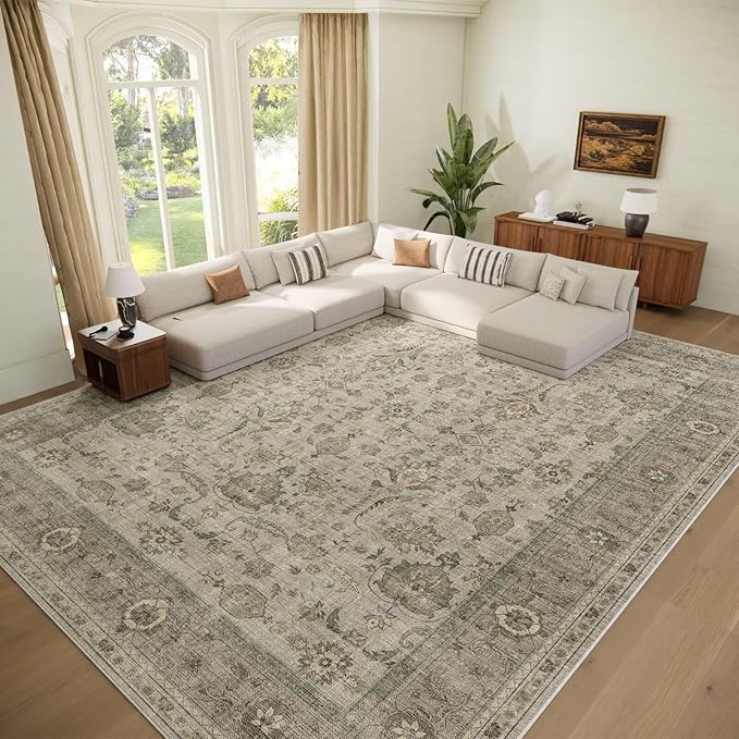 Washable 9x12 Area Rugs for Living Room, Boho Non-Slip Vintage Distress Lager Rugs for Bedroom Dining Room Nursery Office, 0.3" Neutral Oriental Throw Thin Carpet, Flaxen/Brown/Multi