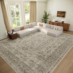 Washable 9x12 Area Rugs for Living Room, Boho Non-Slip Vintage Distress Lager Rugs for Bedroom Dining Room Nursery Office, 0.3" Neutral Oriental Throw Thin Carpet, Flaxen/Brown/Multi