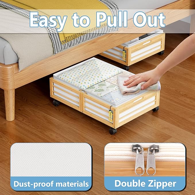 Under Bed Storage Containers with Wheels, Larger Bamboo Wood Under Furniture Storage Containers with Dust Bags，Rolling for Shoes Clothes