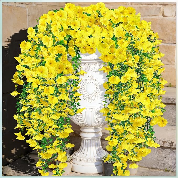 Artificial Hanging Flowers for Outdoors, 6 PCS Silk Morning Glory Artificial Flowers with Eucalyptus Leaves, UV Resistant Fake Flower Realistic Faux Plants for Home Patio Porch Garden Decor, Yellow