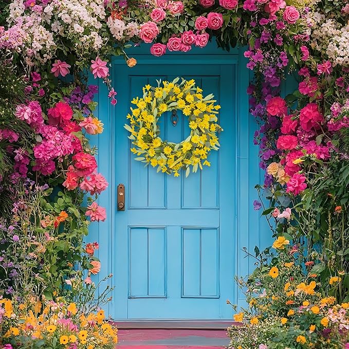 24 Inch Yellow Daisy Wreath, Artificial Spring Summer Wreath with Eucalyptus Leaves, Yellow Forsythia Flowers Front Door Wreath for Indoor Outdoor Home Farmhouse Wall Window Porch Decor