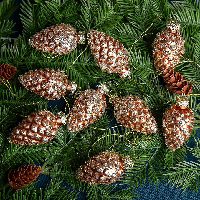 Watayo 12 Pcs Christmas Pinecone Glass Ornaments, Fall Hanging Pine Cone Painted Glass Ornaments, Glitter Pinecone Christmas Ornament for Xmas Tree DIY Crafts Fall Thanksgiving Day Decoration