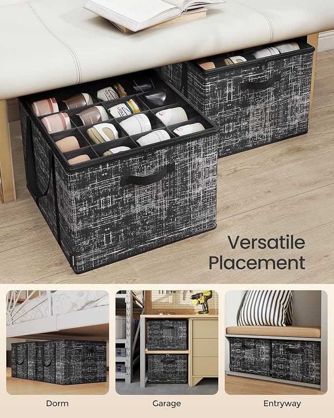 SONGMICS Shoe Organizer for Closet, Set of 2, Shoe Storage Box with Clear Lid, Foldable Fabric Bins, Holds 32 Pairs Total, Reinforced Handles, 16.5 x 16.5 x 12.5 Inches, Ink Black ULSP602B01