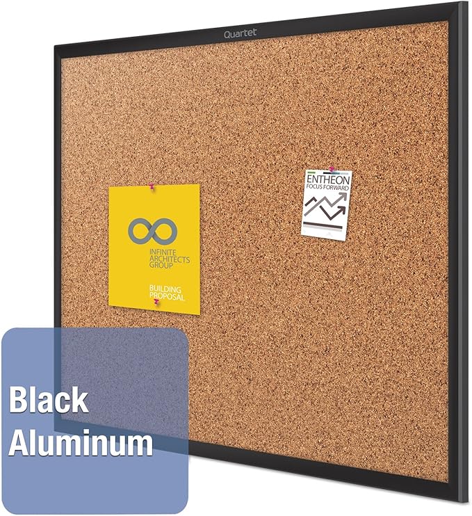 Quartet Cork Bulletin Board 24"W x 18"H Pin Board, Black Aluminum Frame (2301B)