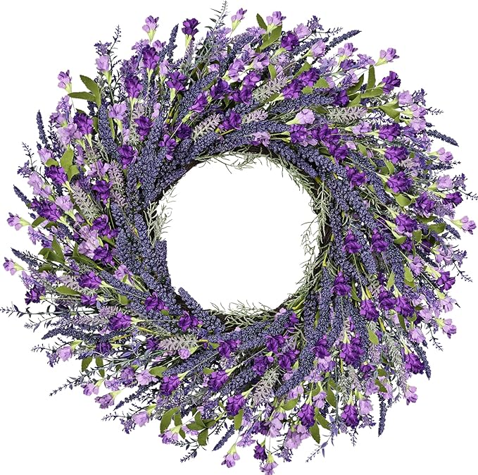 LZNPA 26 Inch Large Lavender Wreath for Front Door Greenery Summer Spring Wreaths for Front Door Wreaths for Front Door All Seasons for Wedding Farmhouse Wall Porch Window Decor(Purple Lavender)