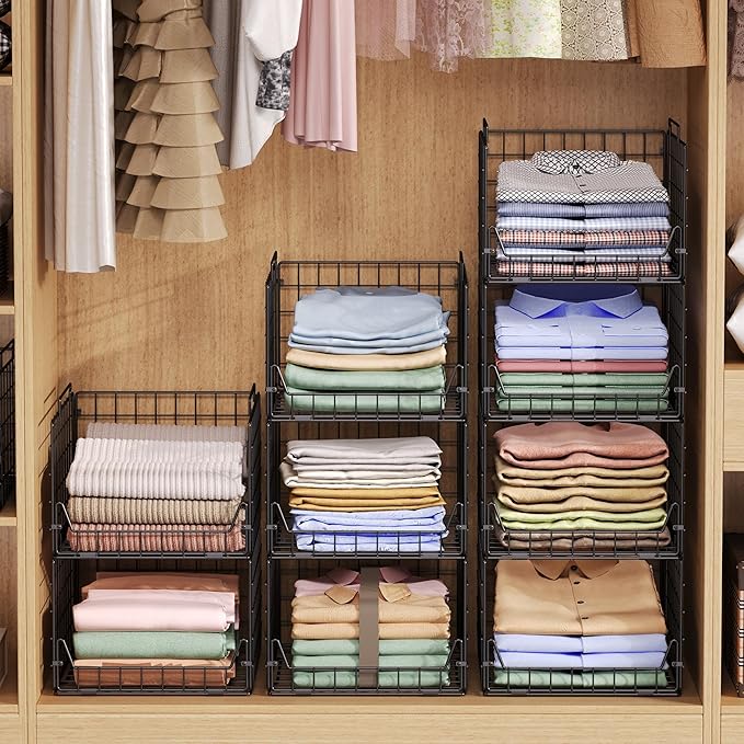 5-Tier Stackable Closet Organizer Shelf – Foldable Metal Storage Bins for Clothes, Sweaters & Towels | Stylish Black Wire Baskets for Bedroom, Wardrobe, Dorm or Entryway