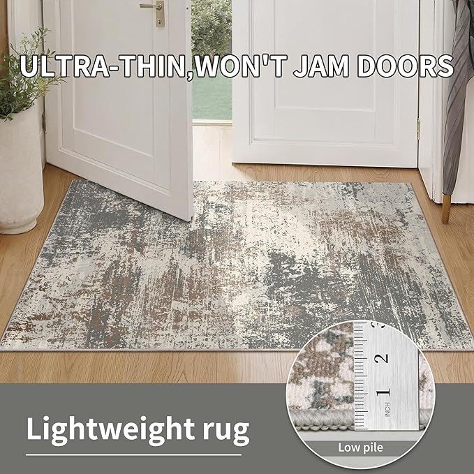 Ciicool 2x6 Washable Runner Rug, Modern Abstract Hallway Rugs Runner, Non-Slip Thin Accent Rug Lightweight Gray Brown Print Distressed Carpet for Laundry Entryway Bedroom Kitchen Bathroom Indoor