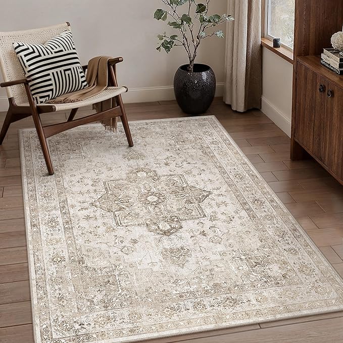 Taupe Area Rug 3x4 Washable Vintage Carpet for Office Kitchen Non Slip Retro Distressed Door Mat Low Pile Soft Oriental Medallion Thin Small Throw Rug Entryway Bedroom Bathroom Dining Room