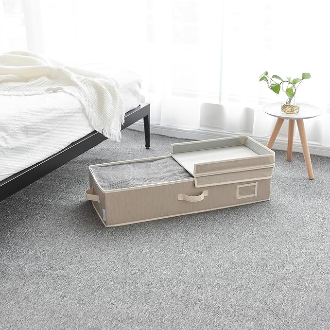 Foldable Under Bed Organizer with Double Folding Lid, Closet Organizers and Storage Bins for Blanket, Clothing, Comforter, Sweaters, Pillows, Linen Sheets, Wrapping Paper, Clay