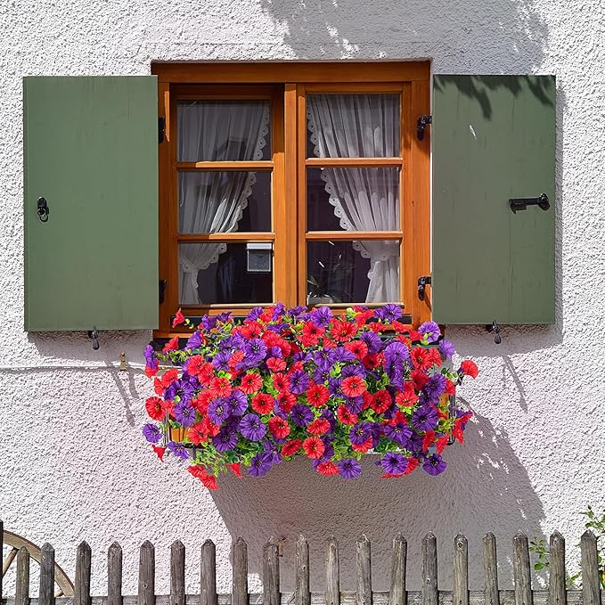 Artificial Flowers for Outdoors Decoration, 12 Bundles Fake Plastic Flower Plant, Faux Colorful Silk Morning Glory Eucalyptus for Spring Summer Outside Garden Porch Front Door Decor, Red Purple