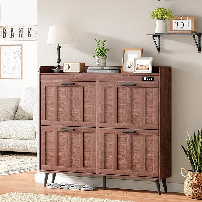 ChooChoo Shoe Storage Cabinet with 4 Flip Drawers, Deodorizing Shoe Organizer Storage for Entryway, Freestanding Hidden Slim Narrow Shoe Rack Cabinet, Walnut