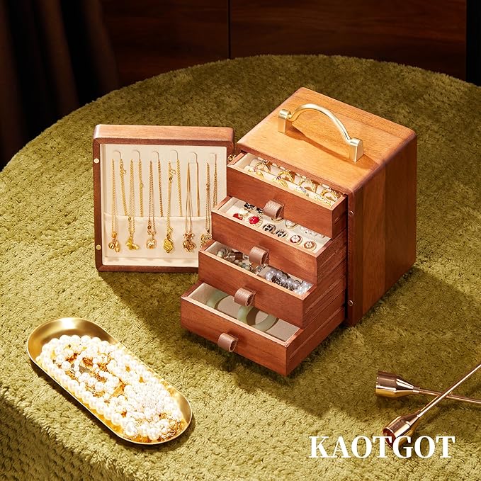 Wooden Jewelry Box for Women 4 Tier Walnut Wooden Jewelry Box with handle (Butterfly Prints B)
