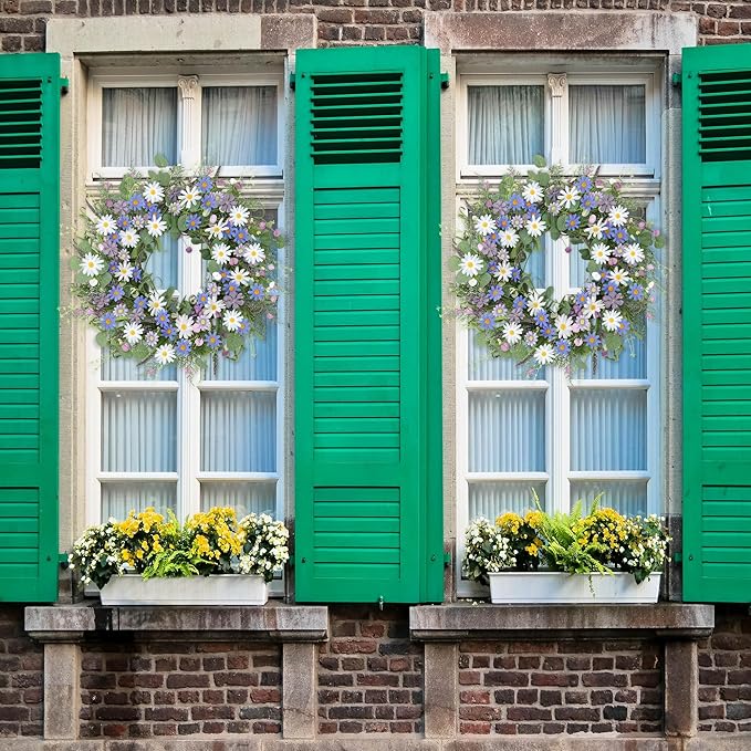 Sggvecsy Spring Wreaths for Front Door 22 Inch Artificial Blue Purple Daisy Wreath Floral Summer Wreaths with Lavender Wild Flower Greenery Leaves for Farmhouse Home Wall Indoor Outdoor Window Decor