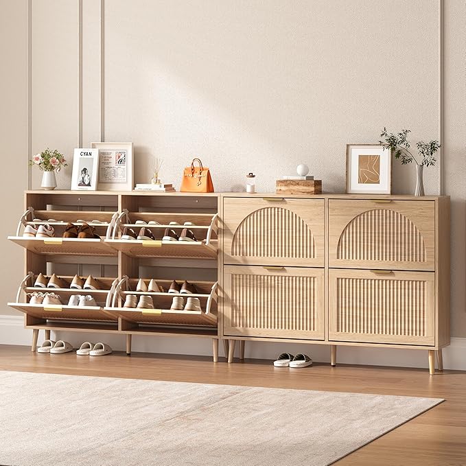 Shoe Cabinet for Entryway with 4 Flip Drawers, Slim Wooden Shoe Storage Organizer with Modern Fluted Pannel，Freestanding Narrow Hidden Shoe Rack for Hallway, Foyer, Living Room