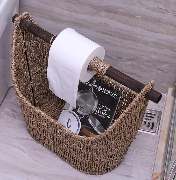 Vintiquewise Free Standing Magazine and Toilet Paper Holder Basket with Wooden Rod