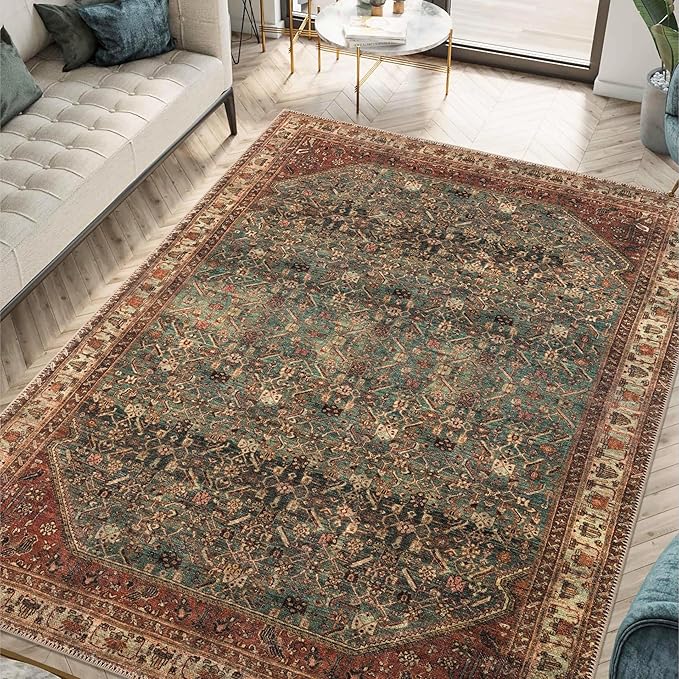 Keen Home Design 5x7 Rug - Machine Washable Area Rug with Non-Slip Backing, Ideal for Living Room, Dining Room, Bedroom - Vintage, Easy Clean, Durable, Low Pile Rug - (5' x 7')