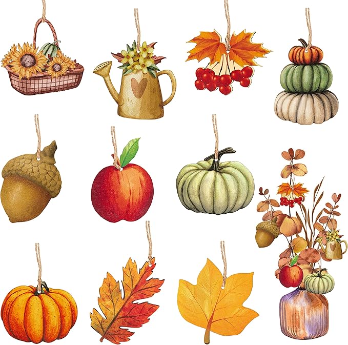 Haooryx 31Pcs Fall Autumn Wood Hanging Ornaments Autumn Wooden Pumpkin Maple Leaves Decorative Pendents for Thanksgiving Day Fall Harvest Party Favor Gift Tag Holiday Home Tree Decorations Supplies