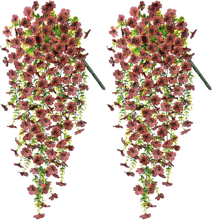 Artificial Mums for Outdoors Fake Hanging Flowers for Decoration, 2 PCS Silk Daisy Flower Realistic Faux Plants UV Resistant for Porch Patio Window Yard Outside Decor(Brown)