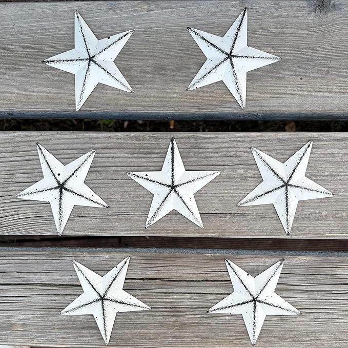 3.8-Inch Metal Barn Star，Metal Star for Outside Texas Stars Art Rustic Vintage Western Country Home Farmhouse Wall/Door Decor,Set of 12. (White)