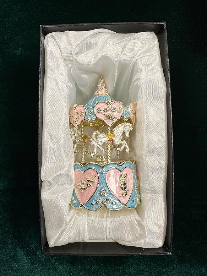 Carousel Music Box Figurine, Blue/Pink Enamel, Heart & Rose Golden Details, Ideal Home Decor & Gift Giving
