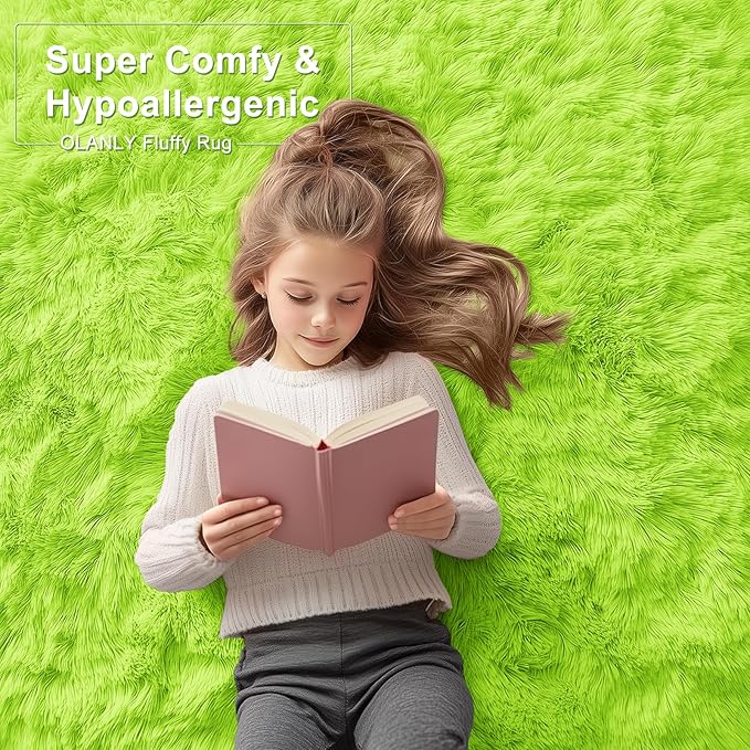 OLANLY 9x12 Machine Washable Large Area Rugs for Living Room, Bedroom, Soft Fluffy Shaggy Bedside Rug, Indoor Floor Carpet for Kids Girls and Boys, Dorms, Nursery, Home Decor Aesthetic, Lime Green