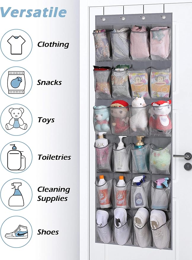 MISSLO Over The Door Shoe Organizer Hanging Closet Holder Hanger Storage Bag Rack with 24 Large Mesh Pockets, Gray