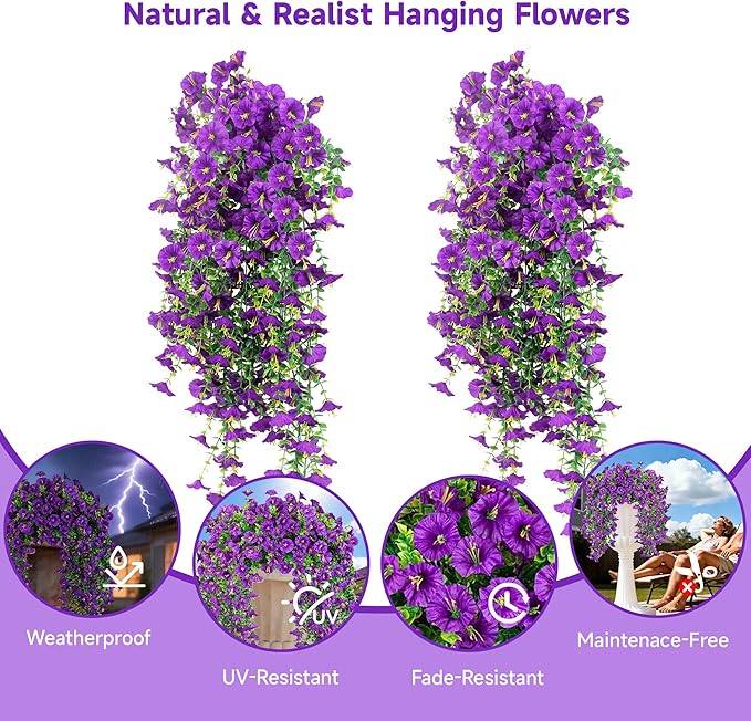 Artificial Hanging Flowers for Outdoors, 2 PCS UV Resistant Faux Silk 150 Morning Glory Each Trailing Vines, Fake Plants for Spring Outdoor Garden Planter Porch Patio Decoration, Purple