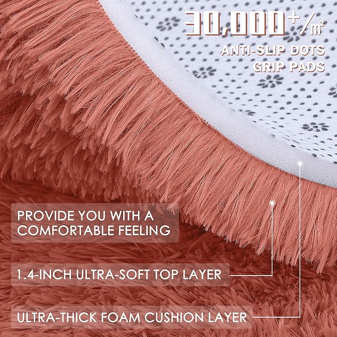 OLANLY Rust Red Round Rugs for Bedroom - Machine Washable, 3 ft Circle Area Rugs for Living Room, Soft and Fluffy Shaggy Carpet for Teen Girl and Boys, Nursery Rooms, Dorms, Home Decor Aesthetic