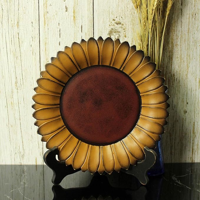 CVHOMEDECO. Sunflower Shape Plate Primitives Rustic Display Wooden Plate Home and Office Décor Art, 11 Inch (Mustard Plate Only)