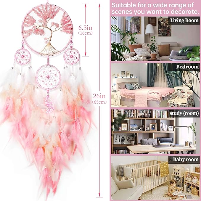 Large Pink Dream Catchers,Crystal Tree of Life Dreamcatcher,Perfect Pink Crystal Handmade Dreamlike Dream Catchers for Girls Bedroom Decor Art Craft Gift (Pink)