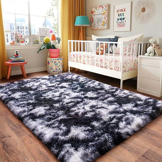 Black and White Rug for Living Room, 8x10 Area Rug for Bedroom, Bedside Indoor Floor Fluffy Shag Carpet, Plush Soft Rug for Boys Girls Kids Room Nursery Dorm Home Decor