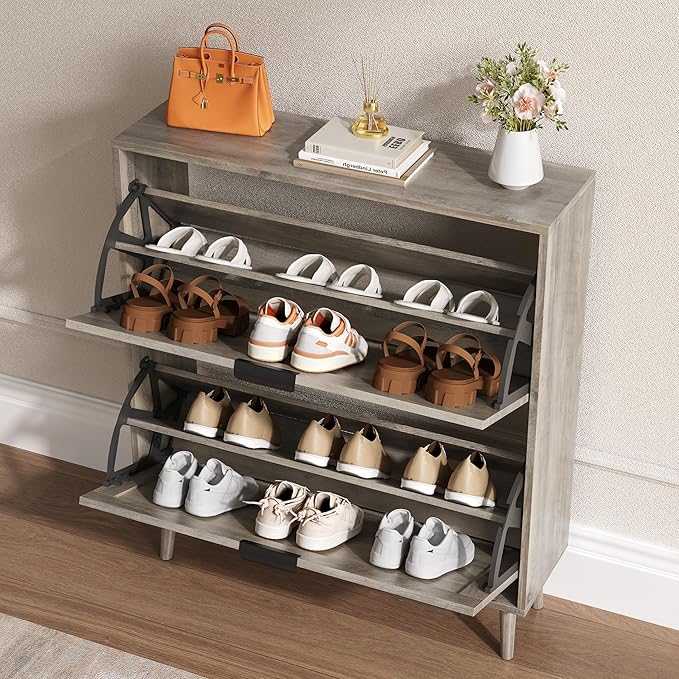 Shoe Cabinet for Entryway with 2 Flip Drawers, Slim Wooden Shoe Storage Organizer with Modern Fluted Pannel，Freestanding Narrow Hidden Shoe Rack for Hallway, Foyer, Living Room