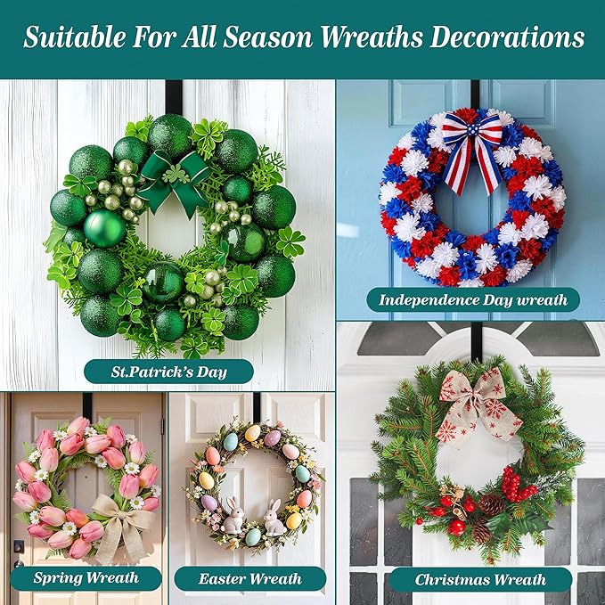 HOOSUN Wreath Hangers for Front Door,4th of July Decorations,12" Patriotic Wreath Hook Holder Over The Door Hooks Hanger,Metal Garland Hangers Hook for Patriotic Independence Porch Decor (4 Pack)