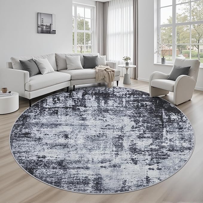 Round Area Rug for Living Room: 6 ft Washable Modern Abstract Soft Thin Rug Indoor Floor No Slip Stain Resistant Carpet for Bedroom Dining Room Farmhouse Nursery Home Office - Dark Black
